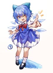 Rule 34 | 1girl, :d, ;d, absurdres, black footwear, bloomers, blue bow, blue dress, blue eyes, blue hair, bow, bowtie, chinese commentary, circled 9, cirno, collared shirt, commentary request, detached wings, dress, fang, full body, hair bow, highres, ice, ice wings, index finger raised, looking at viewer, one eye closed, open mouth, red bow, red bowtie, shirt, short hair, short sleeves, simple background, skin fang, smile, socks, solo, touhou, underwear, utsuro114514, white background, white shirt, white socks, wings
