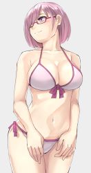 Rule 34 | 1girl, adapted costume, bikini, breasts, cleavage, collarbone, cowboy shot, fate/grand order, fate (series), front-tie bikini top, front-tie top, glasses, hair over one eye, large breasts, looking away, mash kyrielight, mash kyrielight (swimsuit of perpetual summer), michihasu, navel, official alternate costume, purple bikini, purple eyes, purple hair, short hair, side-tie bikini bottom, simple background, smile, solo, standing, swimsuit