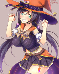 Rule 34 | 10s, 1girl, aqua eyes, belt, breasts, detached sleeves, disguise, grin, halloween, hat, hat ribbon, headset, highres, impossible clothes, large breasts, long hair, looking at viewer, love live!, love live! school idol festival, love live! school idol project, midriff, miniskirt, navel, paw pose, pinstripe pattern, puffy detached sleeves, puffy sleeves, purple hair, purple shirt, purple thighhighs, ribbon, shirt, skirt, smile, solo, striped, thighhighs, tojo nozomi, twintails, very long hair, witch hat, yu-ta, zettai ryouiki