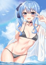 Rule 34 | 1girl, :d, absurdres, bikini, bird, black choker, blue hair, blue sky, blush, bow, breasts, choker, cloud, collarbone, day, grey eyes, hair bow, hand up, hayasaka (a865675167774), highres, hololive, hoshimachi suisei, leaning to the side, looking at viewer, navel, off shoulder, open mouth, outdoors, plaid, plaid bikini, shirt, side ponytail, sidelocks, sky, small breasts, smile, solo, star (symbol), star choker, star in eye, stomach, sunlight, swimsuit, symbol in eye, teeth, thighs, upper teeth only, v, virtual youtuber, wading, water, wavy hair, white shirt