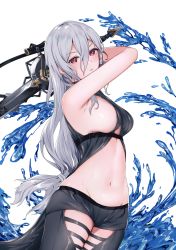 Rule 34 | 1girl, arknights, arm up, bare arms, bare shoulders, black pants, blush, breasts, commentary, cowboy shot, groin, hair between eyes, highres, holding, holding sword, holding weapon, long hair, looking at viewer, low-tied long hair, medium breasts, midriff, navel, no headwear, pants, parted lips, red eyes, silver hair, simple background, skadi (arknights), sleeveless, solo, standing, stomach, sword, thighs, very long hair, weapon, white background, yamiiv