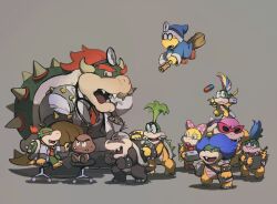 Rule 34 | 1girl, 6+boys, ^ ^, armband, armlet, bangle, blue hair, blue headwear, blue robe, bow, bowser, bowser jr., box, bracelet, broom, broom riding, claws, clenched hands, closed eyes, closed mouth, coat, commentary, dr. bowser, dr. bowser jr., dr. mario (game), dr. mario world, english commentary, eyelashes, fangs, fangs out, glasses, goomba, green hair, grey background, grey footwear, grey vest, hat, head mirror, holding, holding box, horns, iggy koopa, jewelry, kamek, koopalings, lab coat, larry koopa, lemmy koopa, lips, long sleeves, looking at another, looking to the side, ludwig von koopa, mario (series), multiple boys, necktie, nintendo, opaque glasses, open clothes, open coat, open mouth, pants, pill, pink-framed eyewear, pink bow, pink lips, polka dot, polka dot bow, raised eyebrows, red eyes, red footwear, red hair, red necktie, rinabee (rinabele0120), robe, round eyewear, roy koopa, sharp teeth, shoes, simple background, sitting, smile, spiked armlet, spiked bracelet, spiked shell, spikes, standing, stethoscope, sunglasses, sweatdrop, teeth, thick lips, turtle shell, v-shaped eyebrows, vest, wendy o. koopa, white armband, white coat, white footwear, white pants