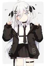 Rule 34 | 1girl, :o, absurdres, ahoge, black bow, black choker, black jacket, black necktie, black ribbon, black skirt, bow, choker, collared shirt, commentary request, double v, earrings, grey background, grey eyes, grey hair, hair between eyes, hair bow, hair ornament, hair ribbon, hairclip, hands up, head tilt, heart, heart o-ring, highres, jacket, jewelry, long hair, long sleeves, looking at viewer, multicolored hair, necktie, off shoulder, open clothes, open jacket, original, parted lips, pleated skirt, puffy long sleeves, puffy sleeves, ribbon, shirt, signature, skirt, sleeves past wrists, sofra, solo, standing, streaked hair, thighhighs, translation request, twitter username, two-tone background, two side up, v, very long hair, white background, white shirt, white thighhighs, x hair ornament