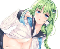 Rule 34 | 1girl, alternate costume, black sailor collar, blue eyes, breasts, cleavage, commentary request, frog hair ornament, fule, green hair, hair ornament, hair tubes, highres, kochiya sanae, large breasts, long hair, looking at viewer, navel, open mouth, sailor collar, school uniform, simple background, snake hair ornament, solo, touhou, upper body, white background