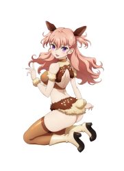 Rule 34 | 1girl, animal ears, artist request, ass, bare back, black thighhighs, blush, boots, breasts, charlotte shalzen, deer ears, fingernails, highres, large breasts, long fingernails, looking at viewer, nail polish, no panties, open mouth, pink hair, purple eyes, simple background, skindentation, smile, solo, source request, thighhighs, valkyrie drive, valkyrie drive -mermaid-, white background