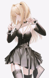 Rule 34 | 1girl, amane misa, arms up, bare shoulders, black choker, black dress, black nails, black thighhighs, blonde hair, book, breasts, chain, choker, cleavage, collarbone, commentary request, cross, cuffs, death note, detached sleeves, dress, eyes visible through hair, goth fashion, grey background, hair between eyes, handcuffs, jewelry, long hair, long sleeves, nail polish, necklace, notebook, parted lips, shaded face, short dress, simple background, solo, strap, thigh strap, thighhighs, two side up, upper body, wanke, yellow eyes, zettai ryouiki