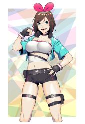 Rule 34 | 1girl, :d, absurdres, belt, black belt, black choker, black gloves, black shorts, border, bow, bow hairband, breasts, choker, clenched hand, cropped legs, dyun, gloves, green eyes, hair bow, hairband, hand on own hip, hand up, headphones, headphones around neck, heart, heart choker, highres, kizuna ai, kizuna ai (a.i. games), kizuna ai inc., large breasts, looking at viewer, midriff, navel, open mouth, outside border, pink bow, short shorts, shorts, smile, solo, standing, strapless, thigh strap, tube top, virtual youtuber, white border