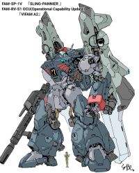 Rule 34 | 1girl, clenched hand, ginga hyouryuu vifam, gun, highres, holding, holding gun, holding weapon, mecha, radio antenna, redesign, robot, science fiction, shisaton., size comparison, solo focus, thrusters, vifam, visor, weapon, white background