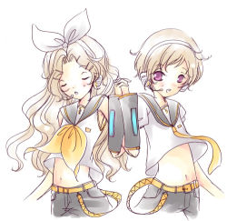 Rule 34 | alternate hairstyle, blush, brown hair, code geass, cosplay, closed eyes, holding hands, headphones, kagamine len, kagamine len (cosplay), kagamine rin, kagamine rin (cosplay), long hair, lowres, midriff, nunnally vi britannia, purple eyes, ribbon, rolo lamperouge, vocaloid