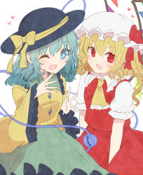 Rule 34 | 2girls, aoi (annbi), aqua hair, ascot, black hat, blonde hair, bow, collar, flandre scarlet, frilled collar, frilled sleeves, frills, hat, hat bow, heart, highres, komeiji koishi, mob cap, multiple girls, one eye closed, one side up, open mouth, red eyes, short sleeves, simple background, third eye, touhou, vest, white background, white hat, wide sleeves, wings, yellow ascot, yellow bow