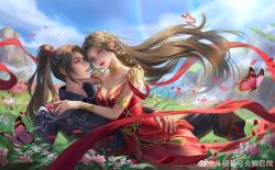 Rule 34 | 1boy, 1girl, absurdres, brown hair, bug, butterfly, cai lin (doupo cangqiong), doupo cangqiong, dress, falling petals, flower, grass, hand on another&#039;s hip, highres, insect, light rays, long hair, mountain, outdoors, parted lips, petals, pointy ears, rainbow, red dress, red eyes, second-party source, smile, sun, teeth, xiao yan (doupo cangqiong), yu yin yuyu