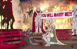 Rule 34 | 1girl, 1other, 2boys, armor, arson, black pants, blonde hair, cape, closed eyes, fire, full armor, gredell elle, guido (project moon), helmet, impaled, kromer (project moon), limbus company, mansion, marriage proposal, multicolored hair, multiple boys, murder, necktie, on one knee, open mouth, pants, project moon, red cape, red necktie, shirt, short hair, sinclair (project moon), smile, squatting, stairs, streaked hair, trembling, white hair, white shirt