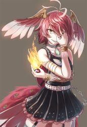 Rule 34 | 1girl, bare shoulders, belt, bird girl, bird tail, bird wings, feathered wings, fire, grey background, head wings, highres, jewelry, kemono friends, kneehighs, looking at viewer, necklace, okyao, red hair, short hair, simple background, skirt, sleeveless, socks, solo, suzaku (kemono friends), tail, tank top, wings, yellow eyes