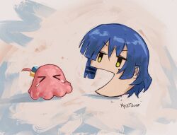 Rule 34 | &gt; &lt;, 2girls, artist name, blue hair, bocchi the rock!, cube hair ornament, gotoh hitori, gotoh hitori (octopus), hair ornament, hairclip, highres, mole, mole under eye, multiple girls, nyztsune, octopus, one side up, open mouth, pac-man (game), painterly, pink hair, short hair, surreal, tearing up, yamada ryo, yellow eyes