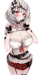 Rule 34 | 1girl, absurdres, black collar, black gloves, black hair, braid, breasts, cleavage, collar, commentary request, cowboy shot, cuffs, fingerless gloves, fingernails, garter straps, gloves, hair ornament, handcuffs, heart collar, highres, hololive, large breasts, looking at viewer, multicolored hair, nail polish, niku (hamuchang), plaid, plaid skirt, red eyes, red nails, red skirt, sakamata chloe, shirt, short hair, silver hair, simple background, skirt, solo, standing, streaked hair, thighs, virtual youtuber, white background, white shirt, x hair ornament