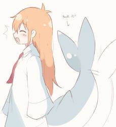Rule 34 | 1girl, closed eyes, coat, fins, fish tail, from side, myajou9, necktie, nichijou, open mouth, orange hair, professor shinonome, red necktie, shark tail, simple background, solo, tail, white coat