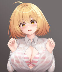 Rule 34 | 1girl, absurdres, ahoge, blonde hair, blush, bra, bra visible through clothes, breasts, haru estia, highres, holding, holding bra, holding clothes, holding underwear, karurega, large breasts, open clothes, open mouth, open shirt, pink bra, see-through, shirt, short hair, simple background, solo, soulworker, striped bra, striped clothes, tears, underwear, wet, wet bra, wet clothes, wet shirt, yellow eyes