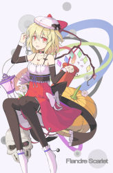 Rule 34 | 1girl, alternate costume, bad id, bad pixiv id, bare shoulders, black thighhighs, blonde hair, bow, breasts, candle, character name, choker, cleavage, crystal, detached sleeves, embodiment of scarlet devil, evers, female focus, flandre scarlet, flower, halloween, highres, jack-o&#039;-lantern, jewelry, lantern, necklace, pocket watch, pumpkin, red eyes, short hair, skull, small breasts, solo, thighhighs, touhou, watch, wings, wrist cuffs