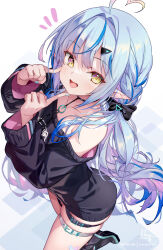 1girl ahoge bare_shoulders black_shirt blue_hair blush breasts choker elf hair_ornament hairclip heart heart_ahoge highres hololive hong_(white_spider) long_hair long_sleeves looking_at_viewer medium_breasts multicolored_hair off_shoulder open_mouth pointy_ears shirt smile solo streaked_hair virtual_youtuber yellow_eyes yukihana_lamy