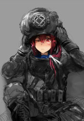Rule 34 | 10s, 1girl, ascot, blush, boots, custom (cus-tom), diving suit, dry suit, hair ornament, helmet, i-168 (kancolle), kantai collection, load bearing vest, one eye closed, red eyes, red hair, ribbon, side ponytail, sketch, solo, standard diving dress, wink