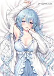 Rule 34 | 1girl, :d, arm up, bare shoulders, bed sheet, blue dress, blue hair, blush, breasts, cleavage, collarbone, collared shirt, copyright request, dress, dress shirt, fins, frilled dress, frills, hagino kouta, hair between eyes, hand up, head fins, long sleeves, looking at viewer, medium breasts, mole, mole under eye, official art, open clothes, open mouth, open shirt, purple eyes, shirt, sleeveless, sleeveless dress, sleeves past wrists, smile, solo, twitter username, virtual youtuber, white shirt