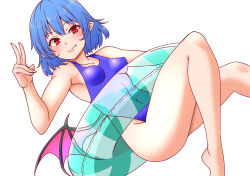 Rule 34 | 1girl, bat wings, blue hair, blue one-piece swimsuit, breasts, closed mouth, commentary request, covered navel, dutch angle, expressionless, fang, fingernails, green innertube, innertube, light smile, looking to the side, one-piece swimsuit, outstretched leg, pointy ears, red eyes, remilia scarlet, shiraue yuu, short hair, small breasts, solo, swim ring, swimsuit, touhou, v, white background, wings