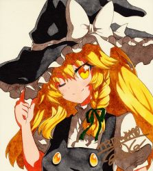 Rule 34 | 1girl, bad id, bad pixiv id, black hat, black vest, blonde hair, bow, braid, closed mouth, green ribbon, hair ribbon, hand on headwear, hat, hat bow, kirisame marisa, long hair, looking at viewer, one eye closed, puffy short sleeves, puffy sleeves, qqqrinkappp, ribbon, shikishi, shirt, short sleeves, signature, single braid, smile, solo, touhou, traditional media, upper body, vest, white background, white bow, white shirt, witch hat