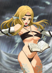 Rule 34 | 1girl, :o, absurdres, animal ears, armpits, bare shoulders, bikini, black bra, black panties, blonde hair, book, bra, breasts, choker, circlet, cleavage, cleavage cutout, clothing cutout, cloud, cloudy sky, cowboy shot, elbow gloves, fins, floating, floating book, floating hair, floating object, genkai tokki monster monpiece, gloves, halterneck, head fins, highleg, highleg bikini, highleg panties, highleg swimsuit, highres, hip bones, jewelry, large breasts, lightning, lightning bolt symbol, long hair, motion blur, narrow waist, necklace, o-ring, o-ring top, official art, open book, open mouth, outstretched arms, panties, rain, scales, scan, shouting, sidelocks, siren (genkai tokki monster monpiece), sky, solo, spread arms, standing, storm, string panties, swimsuit, thigh gap, tooth necklace, ueda yumehito, underboob, underwear, underwear only, white gloves, yellow eyes