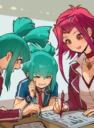 Rule 34 | 1boy, 2girls, absurdres, blazer, blue jacket, book, brown eyes, cellphone, choker, collared shirt, confused, day, desk, green hair, hair ornament, highres, holding, holding pen, homework, indoors, iphone, izayoi aki, jacket, jewelry, long bangs, long hair, long sleeves, lua (yu-gi-oh!), luca (yu-gi-oh!), multiple girls, necklace, necktie, open clothes, open jacket, open mouth, pen, pendant, phone, ponytail, red choker, red hair, red jacket, red necktie, school, school desk, school uniform, shirt, short sleeves, sidelocks, sitting, smartphone, smile, textbook, twintails, v-neck, white shirt, wrist cuffs, writing, youko-shima, yu-gi-oh!, yu-gi-oh! 5d&#039;s