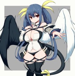Rule 34 | 1girl, absurdres, asymmetrical wings, bare shoulders, belt, black panties, black thighhighs, blush, breasts, choker, cleavage, clothing cutout, dizzy (guilty gear), grey background, guilty gear, guilty gear xrd, hair between eyes, hair ribbon, hand on own chest, highres, huge breasts, panties, plump, red eyes, ribbon, sawati, simple background, skindentation, solo, tail, tail ornament, tail ribbon, thick thighs, thighhighs, thighs, underwear, wings, yellow ribbon