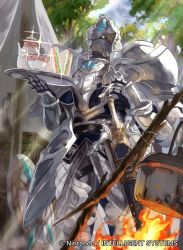 Rule 34 | armor, armored boots, boots, company name, cup, day, fire, fire emblem, fire emblem cipher, food, gloves, helmet, male focus, mayo (becky2006), nintendo, official art, sandwich, sandwiched, shield, sky, solo, sparkle, sword, teacup, teapot, tree, valjean (fire emblem), weapon
