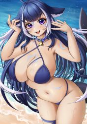 Rule 34 | 1girl, ahoge, animal ears, arm tattoo, artist name, belt, belt collar, bikini, black hair, blue bikini, blue coat, blue nails, blush, breasts, cetacean tail, chest tattoo, cleavage, coat, collar, commentary, cotton noir, english commentary, facial tattoo, fangs, fins, fish tail, halterneck, highres, indie virtual youtuber, large breasts, leg tattoo, long hair, looking at viewer, multicolored hair, nail polish, navel, open mouth, orca girl, purple eyes, sand, shylily, shylily (bikini), streaked hair, swimsuit, tail, tattoo, thigh strap, virtual youtuber, water, wet, white hair