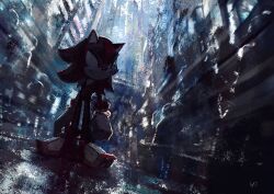 Rule 34 | 1boy, city, clenched hand, commentary request, gloves, highres, iyo (1eavethebus), looking back, male focus, shadow the hedgehog, solo, sonic (series), white gloves