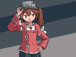 Rule 34 | 1girl, black skirt, brown eyes, brown hair, commentary, english commentary, facing viewer, hand on own hip, japanese clothes, kantai collection, kariginu, multicolored background, one-hour drawing challenge, pleated skirt, red shirt, ryuujou (kancolle), shirt, sideways glance, sixten, skirt, solo, standing, twintails, visor cap