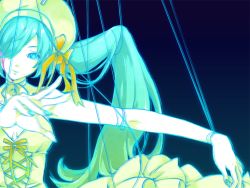 1girl aqua_eyes aqua_hair breasts cleavage female_focus girdle hair_over_one_eye hat hatsune_miku ichikoku long_hair marionette_(vocaloid) ribbon solo string twintails very_long_hair vocaloid