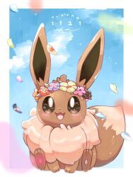 absurdres animal animal_focus brown_eyes brown_hair creatures_(company) eevee espeon flareon flower flower_on_head game_freak gen_1_pokemon gen_2_pokemon gen_4_pokemon gen_6_pokemon glaceon happy highres jolteon leafeon multicolored_flower nintendo no_humans petals pokemon pokemon_(creature) sitting smile surumeika_(ninfiiiir) sylveon umbreon vaporeon