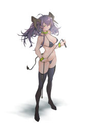 Rule 34 | 1girl, absurdres, bikini, black bikini, black thighhighs, blush, breasts, cleavage, full body, ganida boushoku, green eyes, highres, holding, holding whip, long hair, looking at viewer, navel, original, parted lips, purple hair, solo, swimsuit, tail, thighhighs, whip