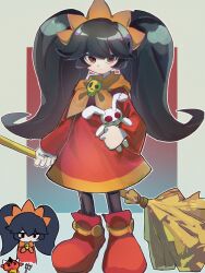Rule 34 | 1boy, 1girl, absurdres, ashley (warioware), black hair, black pantyhose, boots, broom, dress, full body, hair between eyes, hair ornament, highres, holding, holding broom, holding stuffed toy, jewelry, long hair, neckerchief, necklace, nintendo, orange neckerchief, pantyhose, red (warioware), red dress, red eyes, red footwear, sidelocks, skull necklace, stuffed animal, stuffed rabbit, stuffed toy, twintails, warioware, witch