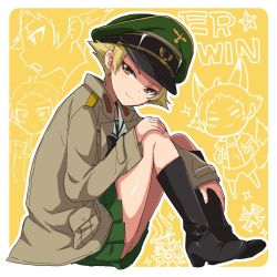 Rule 34 | 10s, 1girl, black bow, black bowtie, black footwear, blonde hair, boots, bow, bowtie, brown eyes, brown jacket, character name, closed mouth, cross, erwin (girls und panzer), from side, full body, girls und panzer, goggles, goggles on headwear, green hat, half-closed eyes, hand on own knee, hat, head tilt, iron cross, jacket, leaning forward, long sleeves, looking at viewer, military hat, military jacket, ooarai school uniform, open clothes, open jacket, outline, peaked cap, pointy hair, school uniform, scribble, short hair, sitting, smile, solo, sonasiz, yellow background