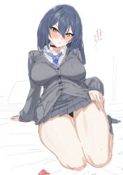 Rule 34 | black panties, blue hair, blush, breasts, character request, closed mouth, copyright request, furrowed brow, hands on own thighs, highres, large breasts, legs together, long hair, long sleeves, miniskirt, necktie, panties, school uniform, skirt, suisogenshi, sweater, thick thighs, thighs, translation request, underwear, yellow eyes