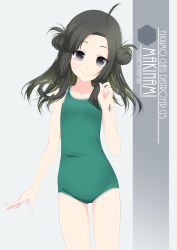 Rule 34 | 1girl, ahoge, artist name, black hair, character name, collarbone, cowboy shot, double bun, eyes visible through hair, flat chest, forehead, green hair, green one-piece swimsuit, grey background, hair bun, highres, inaba shiki, kantai collection, long hair, looking at viewer, makinami (kancolle), multicolored hair, new school swimsuit, one-hour drawing challenge, one-piece swimsuit, school swimsuit, simple background, smile, solo, standing, swimsuit