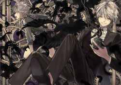 Rule 34 | 2boys, analog clock, bird, black footwear, black pants, black ribbon, black shorts, black suit, black vest, clock, collared shirt, crow, dual persona, foot out of frame, formal, gears, grey eyes, grey hair, hair between eyes, highres, holding, holding pocket watch, jacket, jidou neko, lapels, long sleeves, looking ahead, looking at object, looking at viewer, male focus, multiple boys, neck ribbon, notched lapels, open clothes, open jacket, open mouth, original, pants, parted lips, pocket watch, profile, ribbon, shirt, shoe soles, shoes, short hair, shorts, sitting, suit, suspenders, vest, watch, white shirt