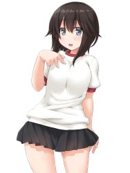 Rule 34 | 1girl, bad id, bad pixiv id, black hair, black skirt, blush, breasts, dd (ijigendd), grey eyes, gym shirt, hair between eyes, hand on own chest, hayasui (kancolle), kantai collection, looking at viewer, medium breasts, miniskirt, open mouth, pleated skirt, shirt, short hair, short sleeves, skirt, smile, solo, standing, white background, white shirt