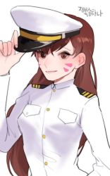 Rule 34 | 1girl, brown eyes, brown hair, buttons, d.va (overwatch), facepaint, facial mark, giji-p, hand on own hip, hat, jacket, korean text, long hair, long sleeves, looking at viewer, military, military hat, military jacket, military uniform, naval uniform, overwatch, overwatch 1, peaked cap, simple background, smile, solo, uniform, whisker markings, white background