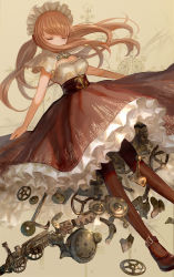 Rule 34 | 1girl, black footwear, breasts, brown pantyhose, brown skirt, buckle, capelet, cleavage, clock, closed eyes, covered mouth, diagram, dress, eyelashes, foot out of frame, frilled skirt, frills, gears, gradient background, grey background, headdress, highres, keiko (mitakarawa), locomotive, long hair, original, outstretched arms, pantyhose, ponytail, print skirt, red hair, skirt, sleeveless, sleeveless dress, solo, spread arms, steam locomotive, steampunk, strapless, strapless dress, train, underbust, white capelet