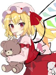 Rule 34 | 1girl, absurdres, blonde hair, blush, bow, candy, crystal, embodiment of scarlet devil, flandre scarlet, food, hat, hat ribbon, highres, lollipop, long hair, looking at viewer, mob cap, red eyes, ribbon, ruhika, side ponytail, solo, stuffed animal, stuffed toy, teddy bear, tongue, tongue out, touhou, white background, wings
