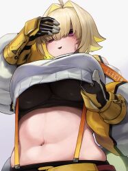 Rule 34 | 1girl, absurdres, ahoge, blonde hair, blush, breasts, commentary request, elegg (nikke), gloves, goddess of victory: nikke, hair intakes, hair over eyes, highres, large breasts, long bangs, long sleeves, looking at viewer, multicolored hair, navel, o o k i n a, parted lips, pink eyes, plump, puffy sleeves, simple background, solo, suspenders, sweatdrop, two-tone hair, upper body, white background