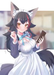 Rule 34 | 1girl, alternate costume, animal ear fluff, animal ears, apron, black dress, black hair, blue bow, blue bowtie, blurry, blurry background, blush, bow, bowtie, breasts, cleavage, comiket 102, commentary request, dress, enmaided, hair between eyes, highres, holding, holding pen, hololive, long hair, looking at viewer, maid, maid apron, maid headdress, medium breasts, multicolored hair, ookami mio, pen, red hair, sidelocks, smile, solo, streaked hair, virtual youtuber, wolf ears, wolf girl, yellow eyes, yukimura 88