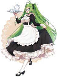 Rule 34 | 1girl, :d, absurdres, antenna hair, apron, black-framed eyewear, black bow, black dress, black footwear, blue eyes, bow, breasts, commentary request, cup, doily, dress, frilled apron, frilled dress, frills, full body, glasses, green hair, hair bow, highres, holding, holding tray, juliet sleeves, large breasts, long hair, long sleeves, maid, mary janes, mole, mole under mouth, open mouth, original, pantyhose, puffy sleeves, sakura chiyo (konachi000), saucer, semi-rimless eyewear, shoes, sidelocks, simple background, skirt hold, smile, solo, standing, standing on one leg, teacup, teapot, teeth, tray, two side up, under-rim eyewear, upper teeth only, very long hair, white apron, white background, white pantyhose