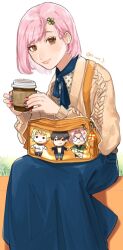 Rule 34 | 1girl, bag, blue nails, blue neckerchief, blue sky, bob cut, casual, character print, chibi, closed mouth, clover hair ornament, cup, disposable cup, fe rune, feet out of frame, hair behind ear, hair ornament, hairclip, hands up, holding, holding cup, honda iku, kazama ryouta, knit sweater, long skirt, long sleeves, multicolored nails, nail polish, nanatsumori minoru, neckerchief, pink hair, pinwheel, protagonist (tokimemo gs4), red eyes, red nails, short hair, shoulder bag, sitting, skirt, sky, smile, solo, sweater, tokimeki memorial, tokimeki memorial girl&#039;s side 4th heart, twintails, white background